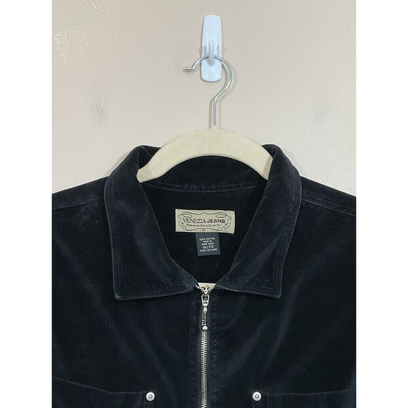 VTG Womens Velour Jacket 18/20 Black 90s Y2K Full Zip Pockets Goth Grunge Retro - Picture 7 of 7